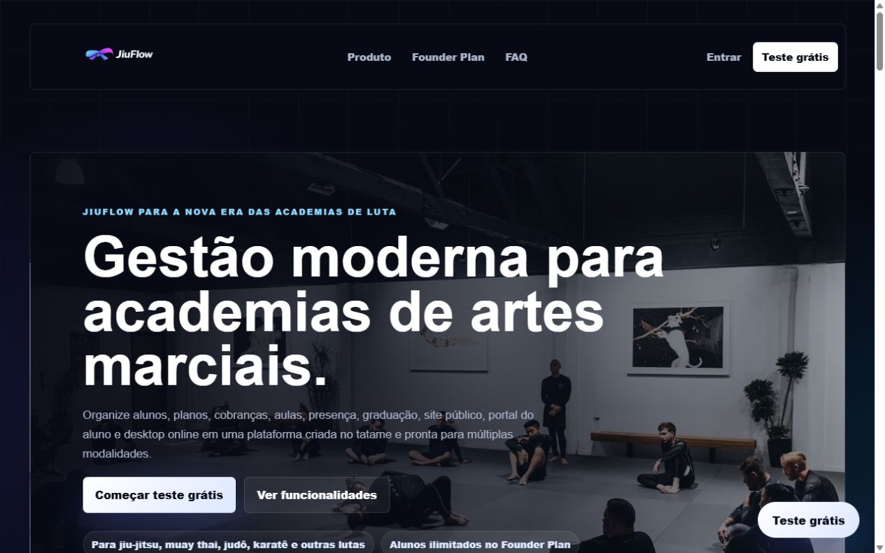 Página publicada do JiuFlow, com apresentação da plataforma de gestão