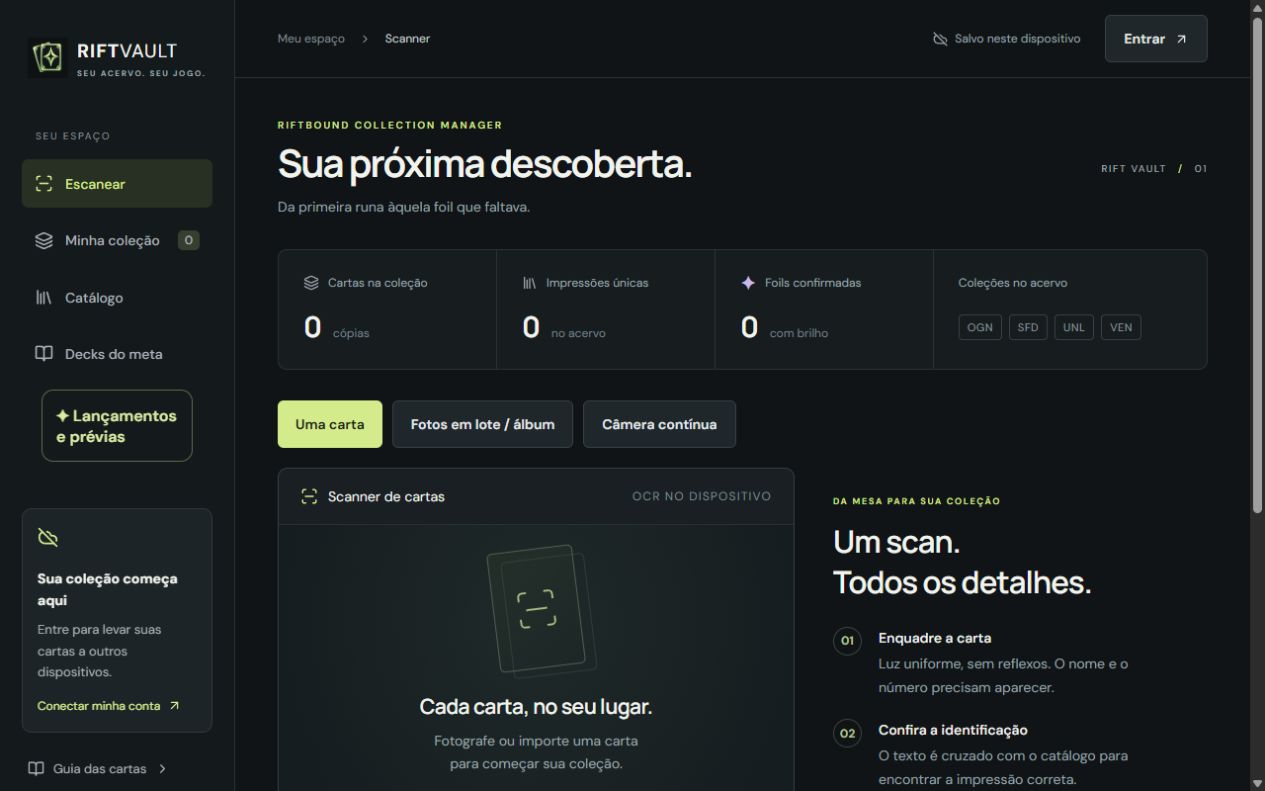 Tela publicada do Rift Vault, com scanner e resumo da coleção