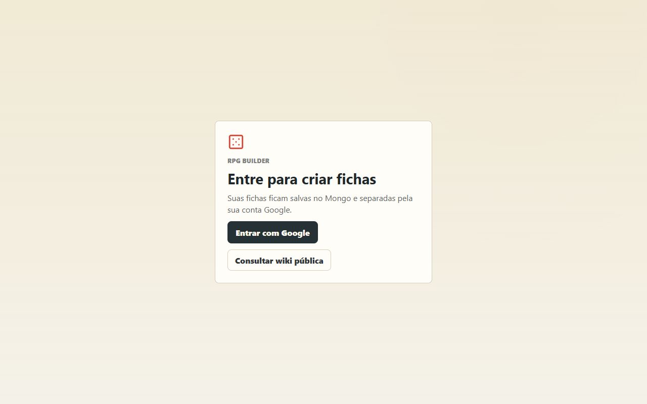 Tela de entrada publicada do RPG Builder
